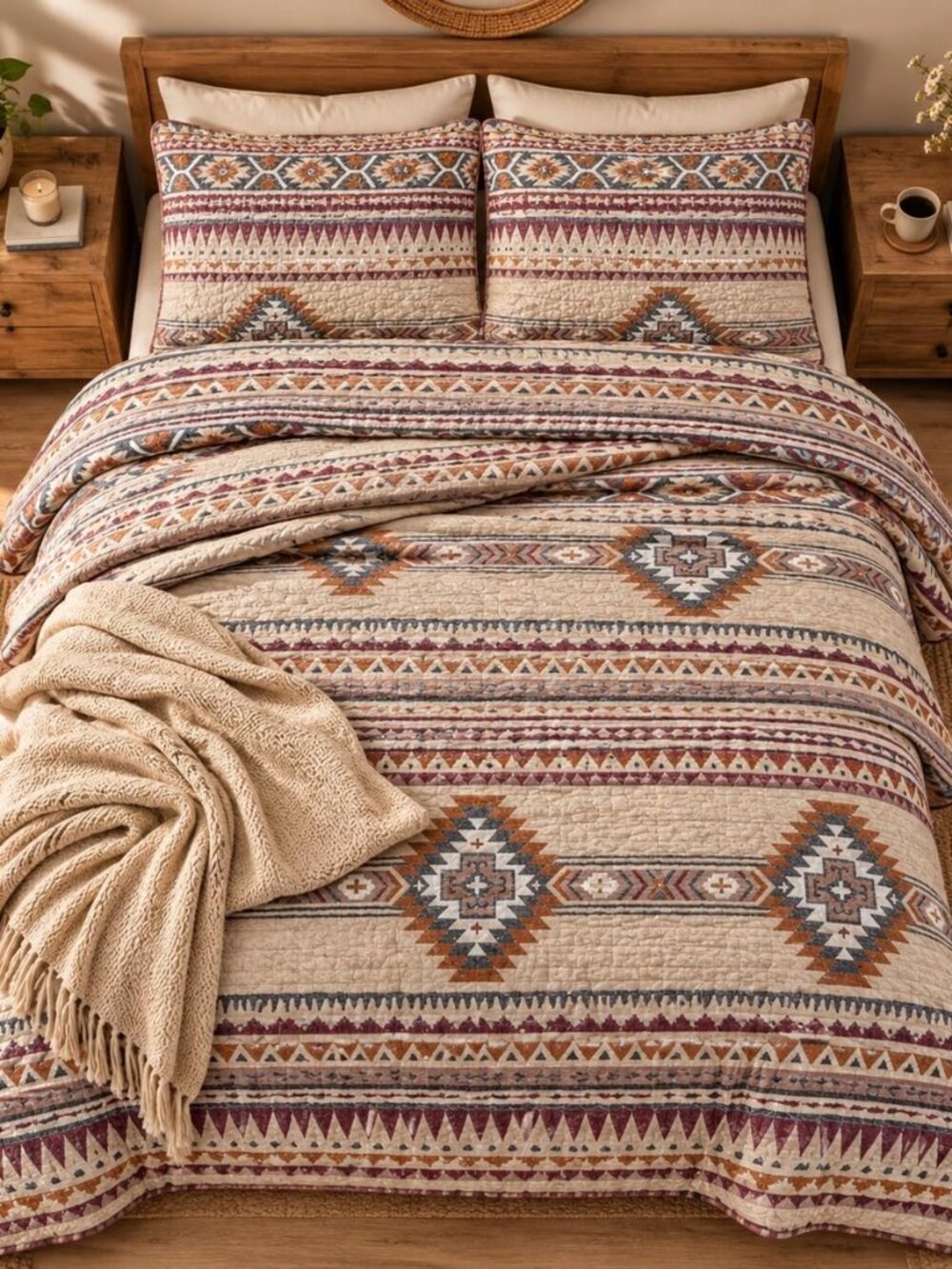 Rustic Southwest Quilted Western Bedspread Bedding Set in Brown Beige Taupe